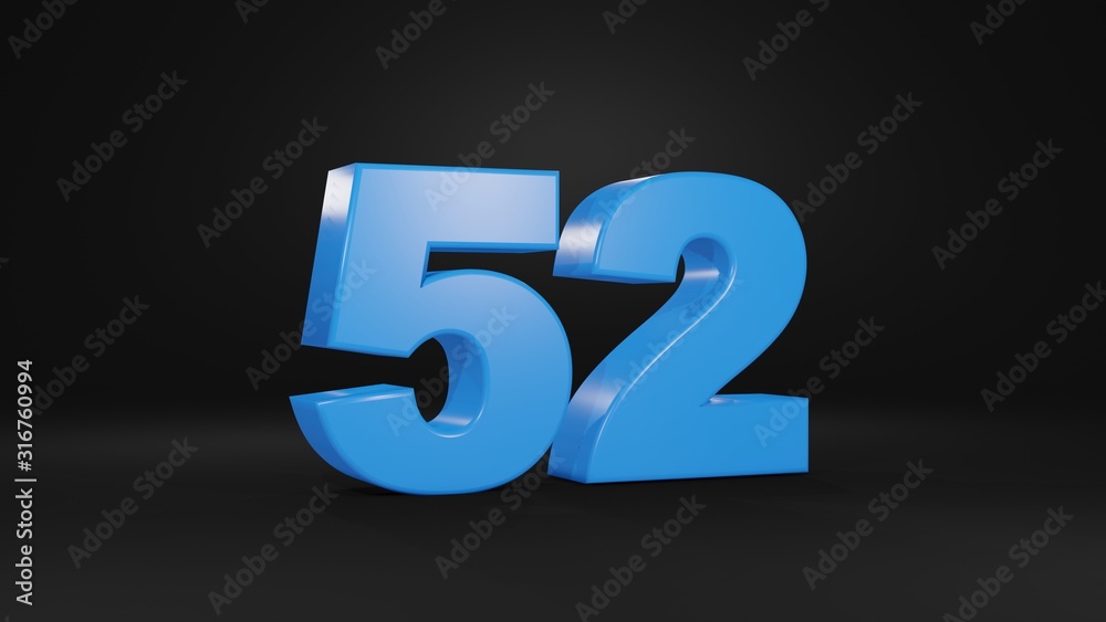 Number 52 in blue on black background, 3D illustration Number 52 in blue on black background, 3D illustration