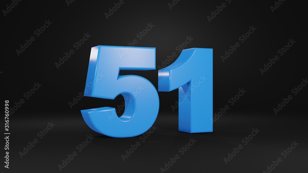 Number 51 in blue on black background, 3D illustration