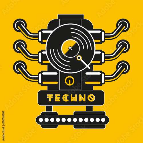 Vinyl record with car engine. Techno and industrial party poster. Hip-hop music vector sign.