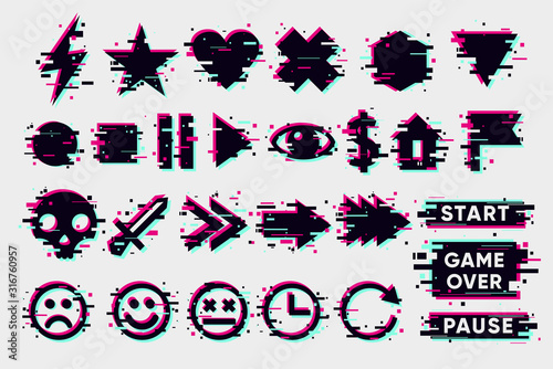 Glitch icons set. Interface navigation elements with glitchy effect. Vector signs collection. photo