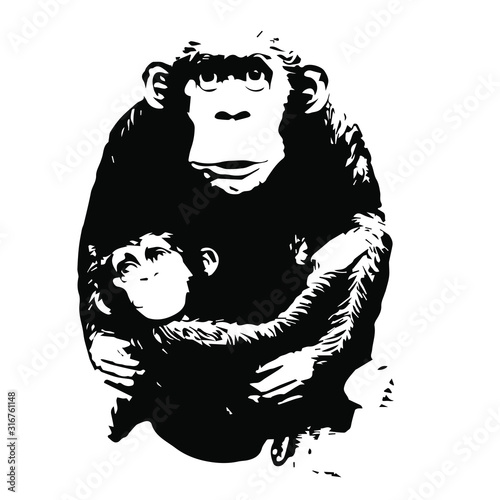 Mom & baby animals wild monkey. Vector illustration on a transparent background.