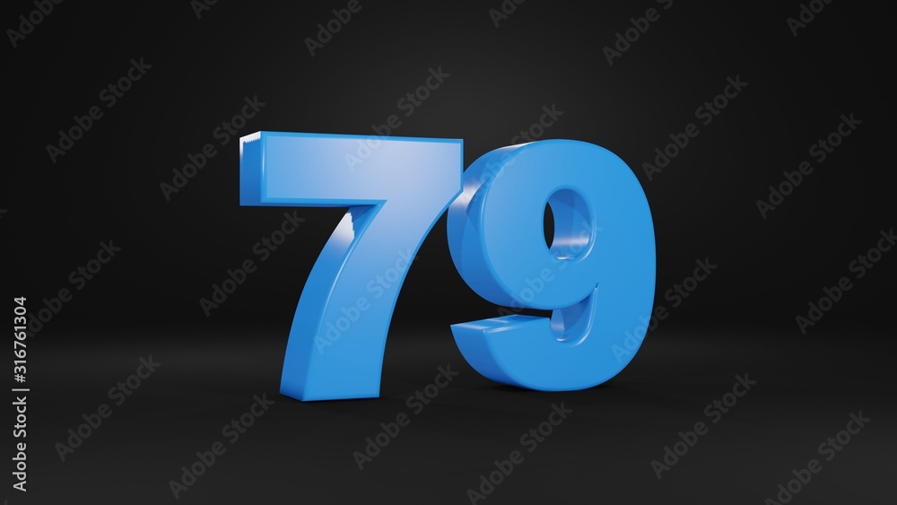 Number 79 in blue on black background, 3D illustration Number 79 in blue on black background, 3D illustration