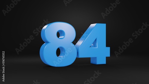 Number 84 in blue on black background, 3D illustration