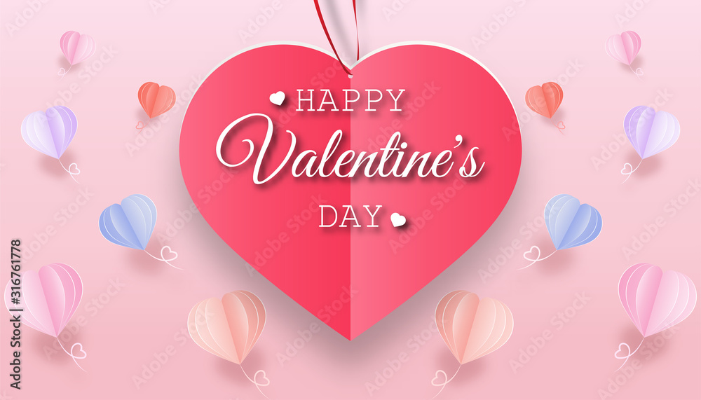 Valentine's day concept with red pink paper hearts hanging, balloon around heart,Paper cut style, Vector symbols of love, pink gradient background