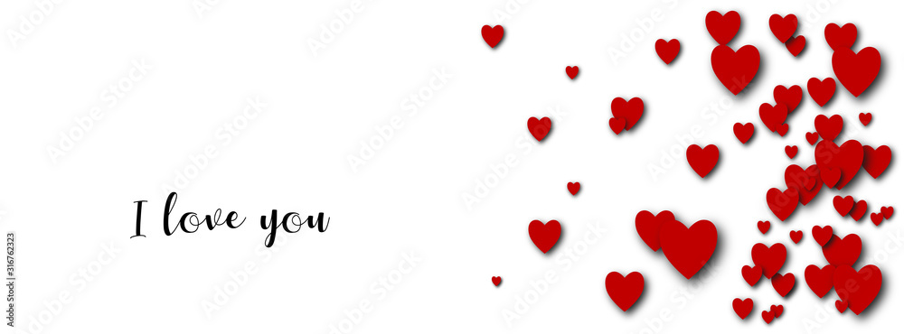 I love you. White background with red hearts. Greeting card, gift poster, holiday banner, cover for social