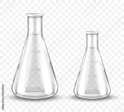 Clean empty laboratory glassware on transparent background. Vector realistic illustration