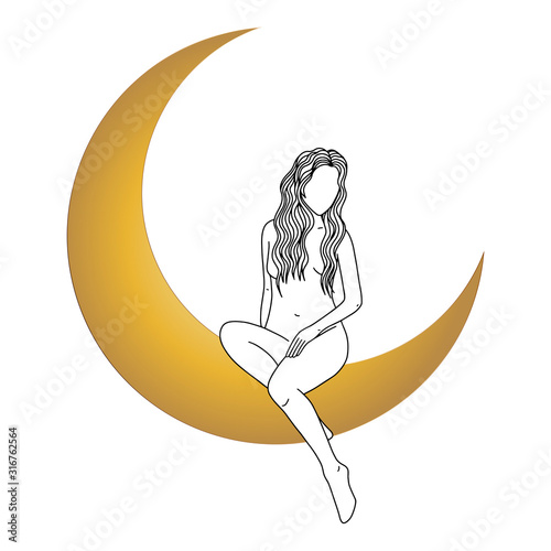 Naked woman sitting on the moon in trendy linear minimal style.