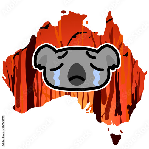 weeping koala icon on a Australia map outline background with a burning forest. Cartoon vector illustration