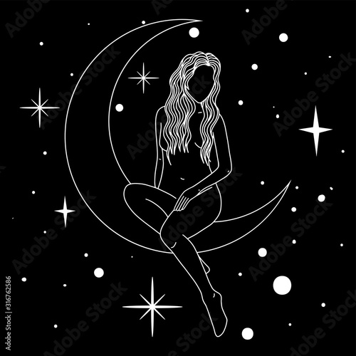 Naked woman sitting on the moon in trendy linear minimal style.