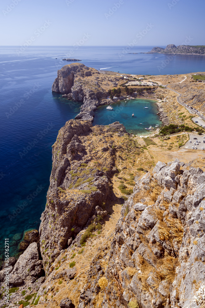 St Paul's Bay, overview of from the Acropolis of Lindos, Rhodes, Greece