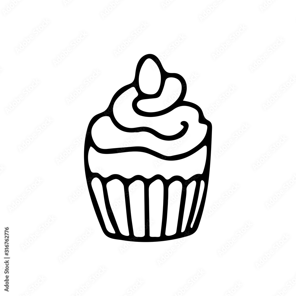 Easter cupcake decorated with whipping cream and a little egg in doodle style. Great for Easter greeting cards, product design. Hand drawn vector illustration in black ink. Isolated outline. Easter cupcake decorated with whipping cream and a little egg in doodle style. Great for Easter greeting cards, product design. Hand drawn vector illustration in black ink. Isolated outline.