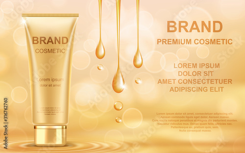 Golden oil cosmetic cream skin care ads. Template realistic vector illustration.