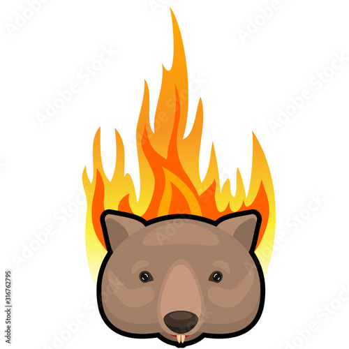 weeping wombat icon on fire background. Cartoon vector illustration