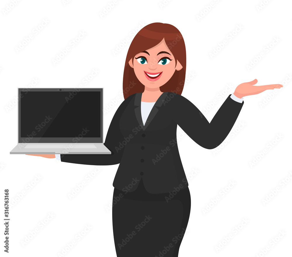 Young businesswoman showing a new brand laptop and presenting hand gesture to copy space. Person holding portable computer and pointing hand. Female character design illustration in vector cartoon. Young businesswoman showing a new brand laptop and presenting hand gesture to copy space. Person holding portable computer and pointing hand. Female character design illustration in vector cartoon.