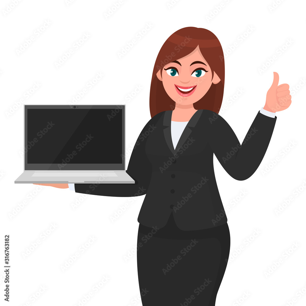 Young businesswoman showing a new brand laptop and making thumb up gesture sign. Person holding portable computer. Female character design illustration. Good, like concept in vector cartoon style. Young businesswoman showing a new brand laptop and making thumb up gesture sign. Person holding portable computer. Female character design illustration. Good, like concept in vector cartoon style.