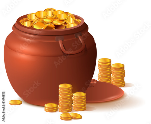 Large clay brown pot full of gold. Ceramic pot with lid