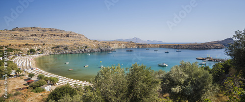 Vliha Bay and Beach of Lindos, overview of from the Acropolis. Lindos, Rhodes, Greece