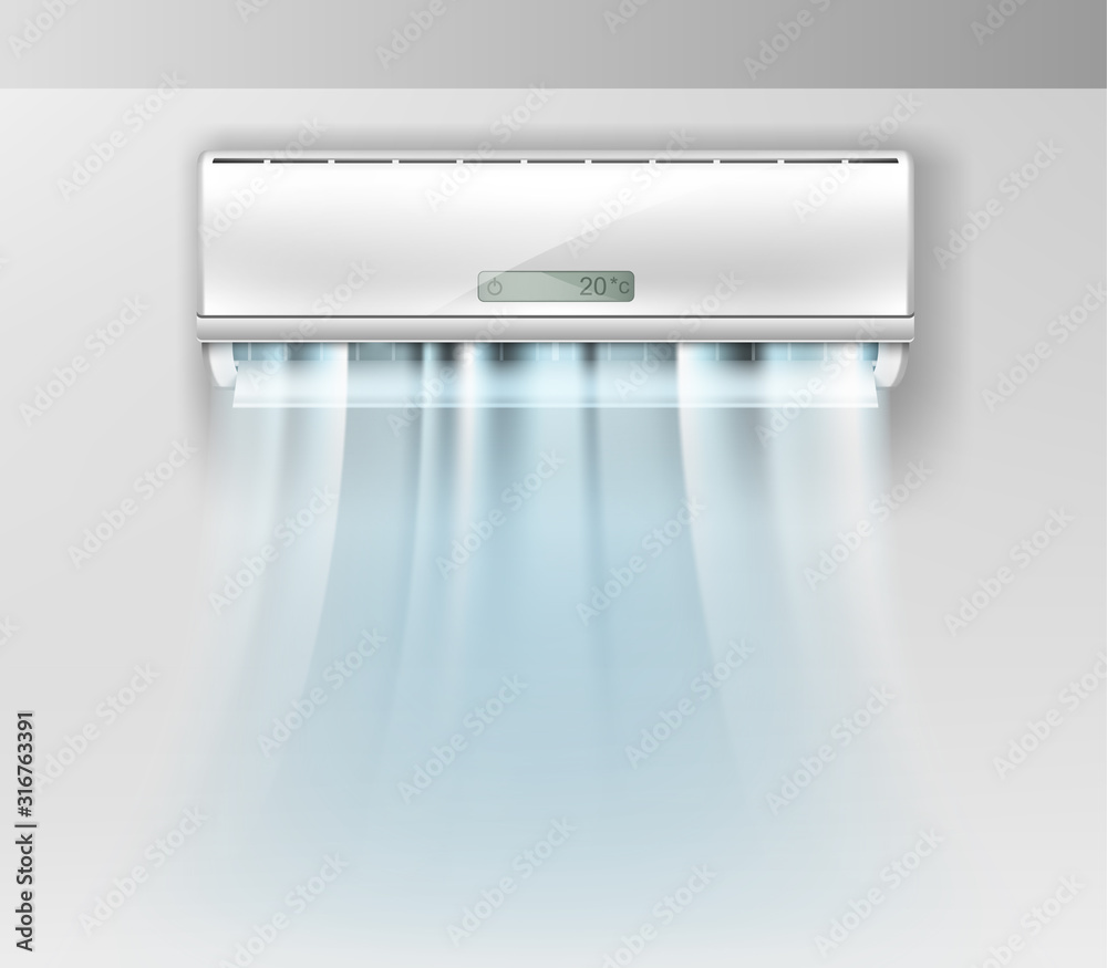 Vector realistic air conditioner on wall background with fresh air