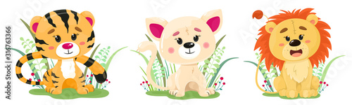 фотографія Set of cute animals, a tiger, a cat and a lion in the grass