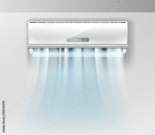 Vector realistic air conditioner on wall background with fresh air.