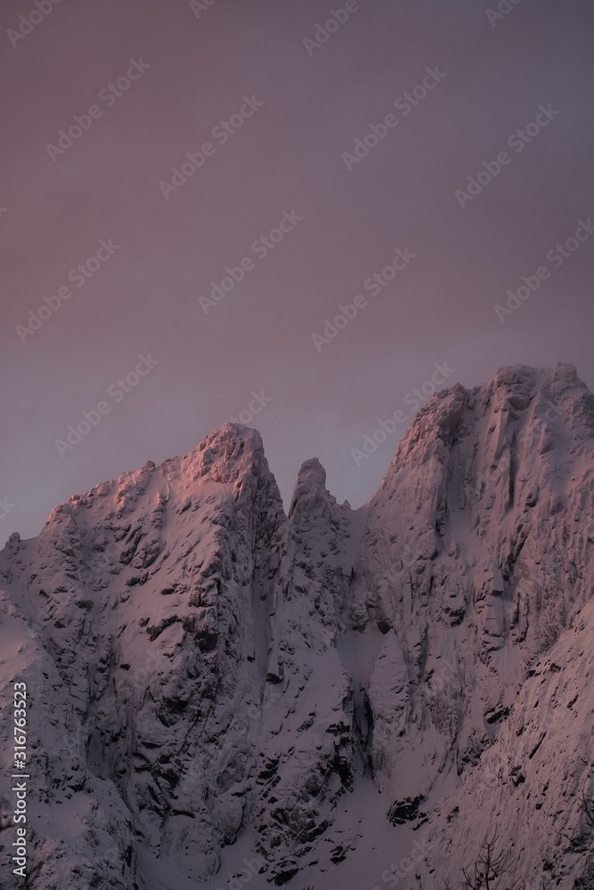 Obraz premium sunrise at lofoten islands mountains. peaks during winter sunrise. pinky and red light with peak and mountains under snow. skottinden and himmeltindan
