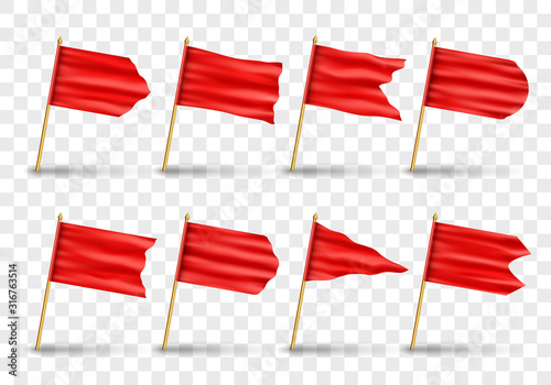 Vector set of realistic isolated red flags. Realistic vector illustration isolated on transparent background.