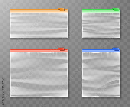 Vector set of various closed empty transparent plastic zipper bag isolated on transparent background.