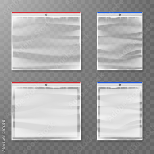 Vector set of various closed empty transparent plastic zipper bag isolated on transparent background.