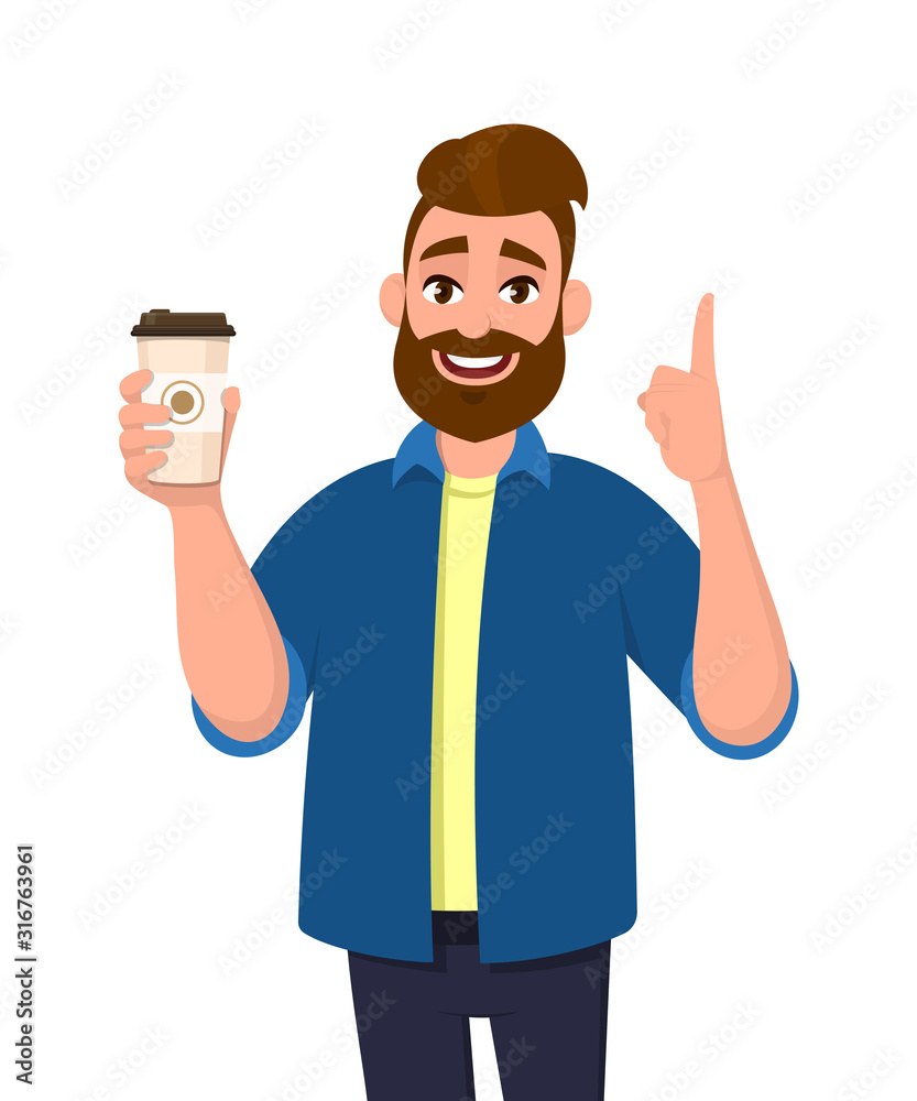 Young bearded trendy man holding a coffee cup and pointing up index finger. Male character design illustration. Modern lifestyle, food and drink concept in vector cartoon style.