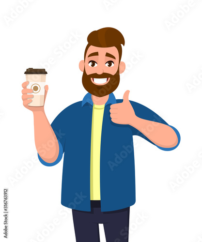 Happy young trendy man holding a coffee cup and showing, gesturing thumbs up sign. Male character design illustration. Modern lifestyle, food and drink. Good, positive, like concept in cartoon.