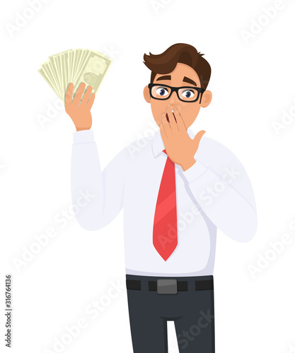 Shocked businessman showing cash, money and covering mouth with hand. Person holding currency notes. Male character design illustration. Human emotions and expressions concept in vector cartoon style.