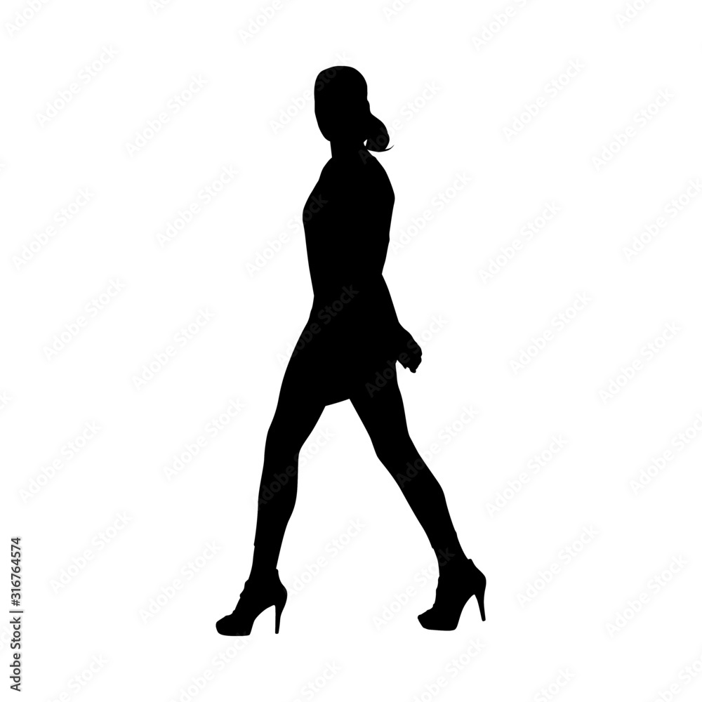 Slim sexy woman walking in high heels shoes, side view. Isolated vector silhouette