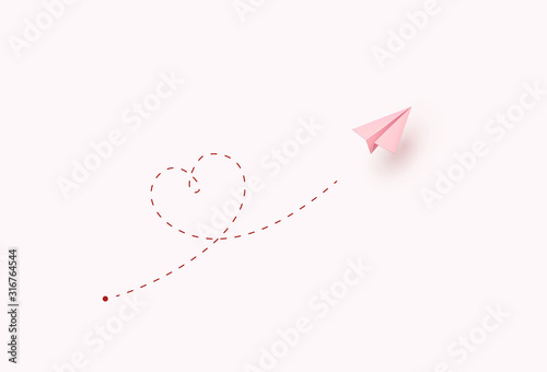 Paper flying airplane on pink background. Vector line symbol of love in shape of heart for Happy Mother's, Valentine's Day greeting card design..
