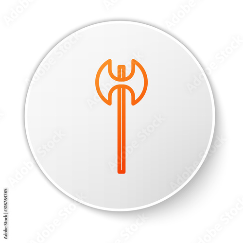 Orange line Medieval axe icon isolated on white background. Battle axe, executioner axe. Medieval weapon. White circle button. Vector Illustration