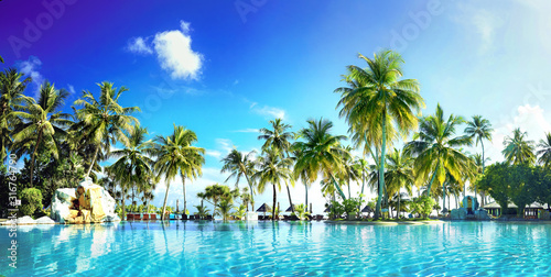Beautiful lush tropical palm trees against blue sky with white clouds are reflected in turquoise textured wavy water on sunny day. Colorful image for summer vacation.