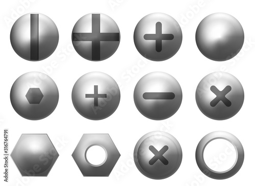 set of metal shiny screws and bolts. Vector illustration