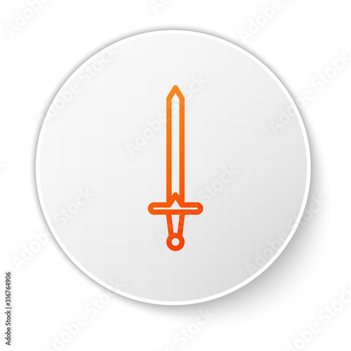 Orange line Medieval sword icon isolated on white background. Medieval weapon. White circle button. Vector Illustration