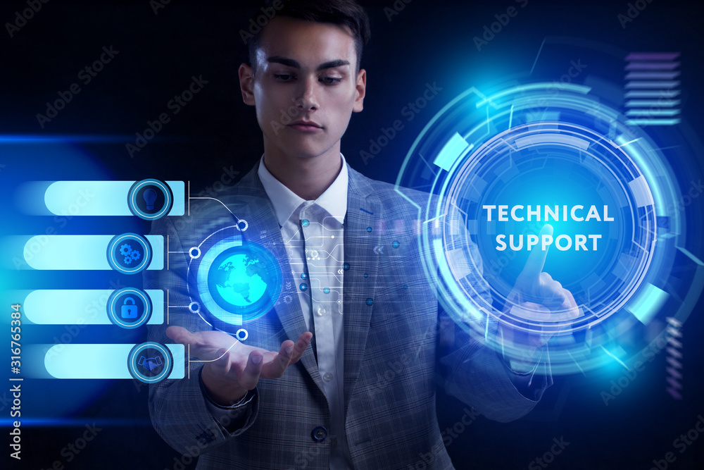 Business, Technology, Internet and network concept. Young businessman working on a virtual screen of the future and sees the inscription: