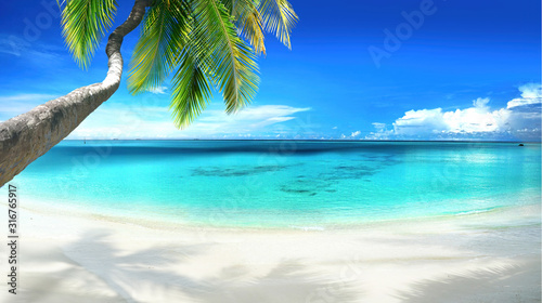 Fototapeta Naklejka Na Ścianę i Meble -  Beautiful tropical beach with white sand, turquoise ocean on  background blue sky with clouds on sunny summer day. Palm tree leaned over water. Perfect landscape for relaxing vacation, island of Maldi