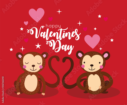 valentines day card with cute monkeys couple