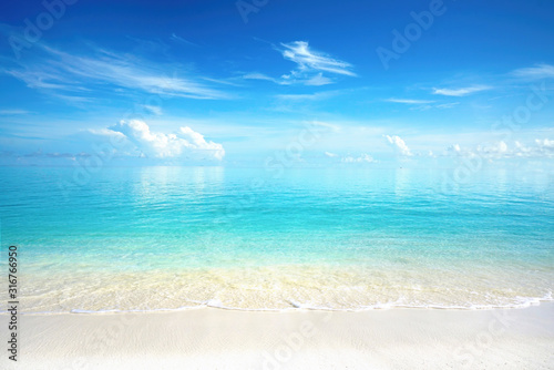 Fototapeta Naklejka Na Ścianę i Meble -  Beautiful sandy beach with white sand and rolling calm wave of turquoise ocean on Sunny day. White clouds in blue sky are reflected in water.  Maldives, perfect scenery landscape, copy space.