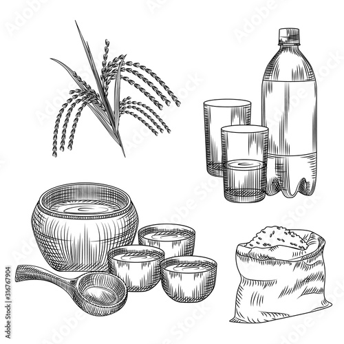 Set of makgeolli. Korean traditional alcohol drink rice wine. Bag of rice, plastic bottle, glass, ceramic ware, branch of rice