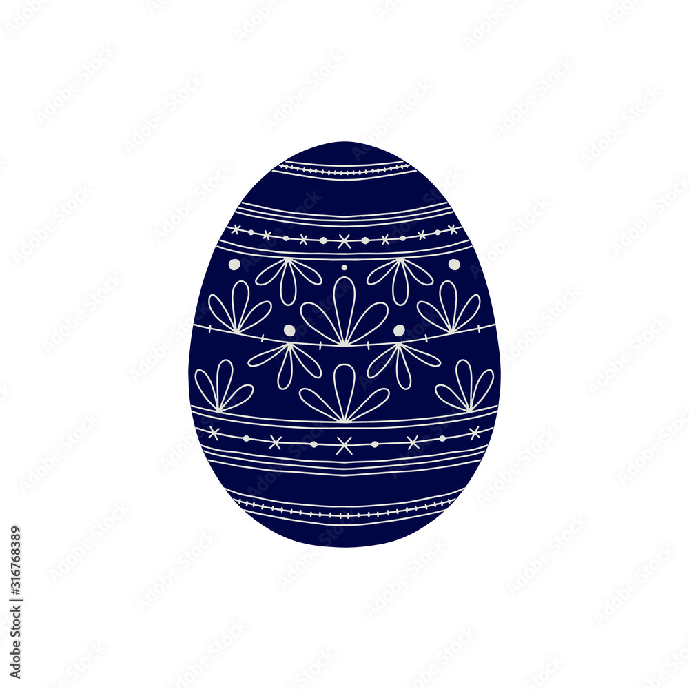 Vector illustration of Easter egg. Easter egg decorated with plant ornaments. Dark blue with white ornaments.
