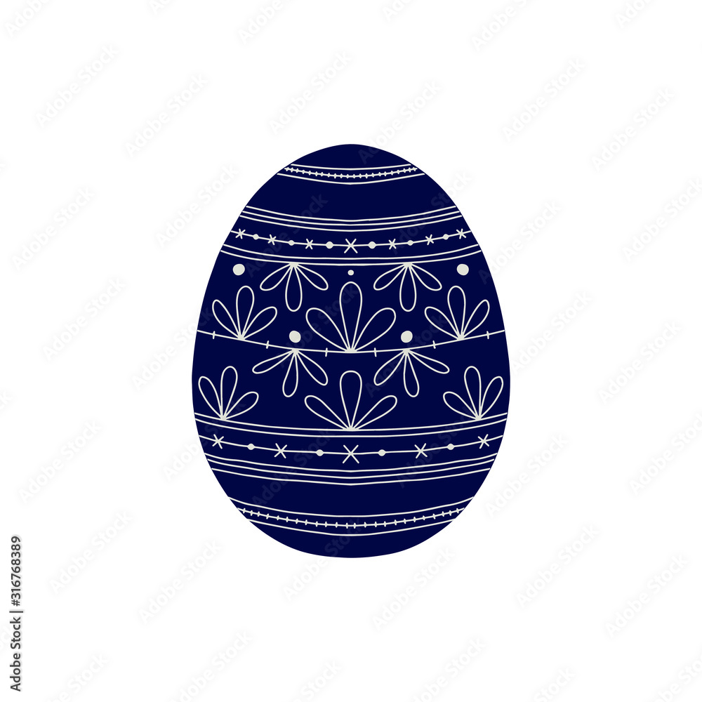 Vector illustration of Easter egg. Easter egg decorated with plant ornaments. Dark blue with white ornaments. Vector illustration of Easter egg. Easter egg decorated with plant ornaments. Dark blue with white ornaments.