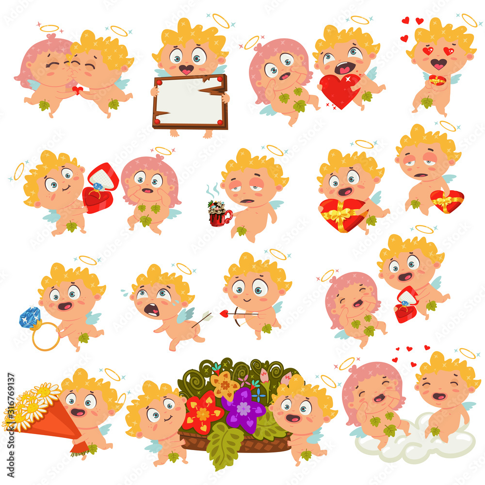 Cupid with different emotions, with arrow, red heart ring box, ribbon banner, chocolate and more. Vector Valentine's Day set. Collection of cute cartoon characters for holiday isolated on background. Cupid with different emotions, with arrow, red heart ring box, ribbon banner, chocolate and more. Vector Valentine's Day set. Collection of cute cartoon characters for holiday isolated on background.
