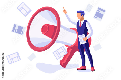 Magazine street stand, publications for reading and buying male daily press and media. International cartoon characters, person with loudspeaker to public audience for news. Flat vector illustration.