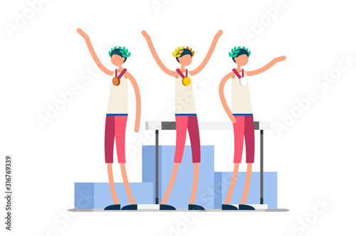 Crowd of persons celebrate xxxii summer games athletics medal. Sportive people celebrating hurdles team. Hurdler athlete symbol on victory celebration. Sports cartoon symbolic flat vector illustration