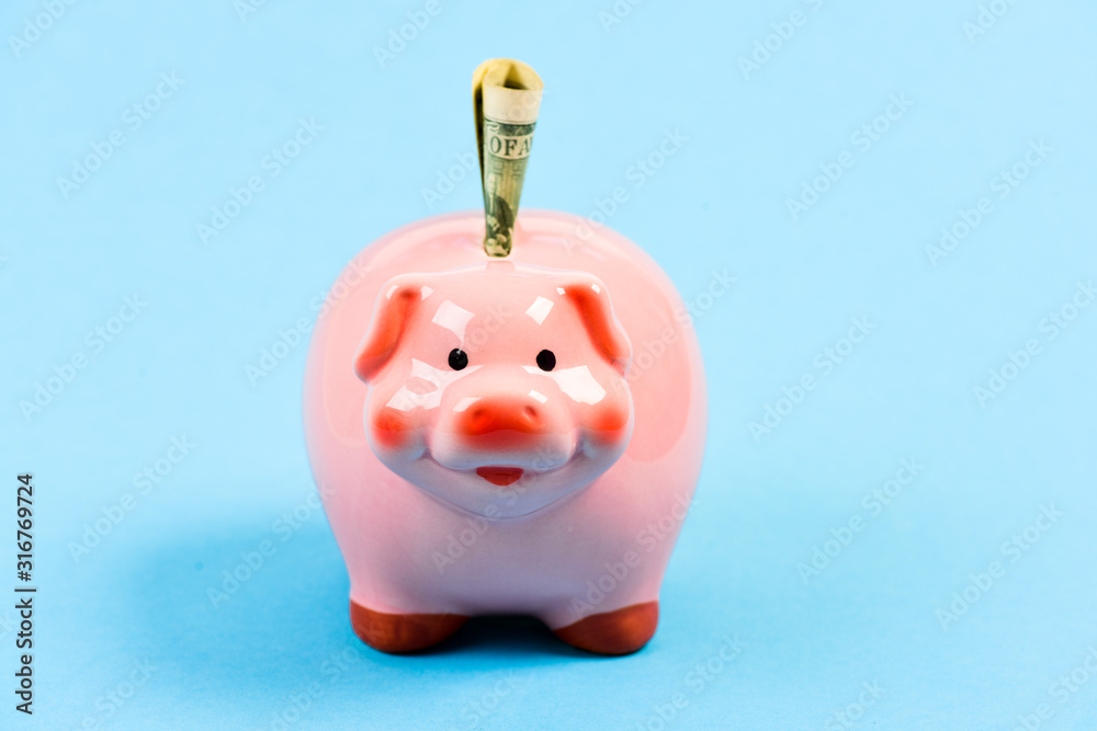 Piggy bank pink pig stuffed dollar banknote cash. Save money. Financial wellbeing. Economics and finance. Credit concept. Money saving. Banking account. Earn money salary. Money budget planning Piggy bank pink pig stuffed dollar banknote cash. Save money. Financial wellbeing. Economics and finance. Credit concept. Money saving. Banking account. Earn money salary. Money budget planning
