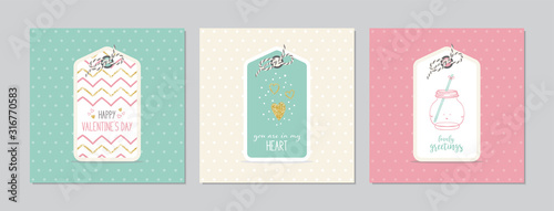 Valentine`s Day square cards set with hand drawn tags with sweet mason jar, hearts and glitter. Doodles and sketches vector vintage illustrations.