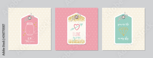 Valentine s Day square cards set with hand drawn tags with sweet mason jar  hearts and glitter. Doodles and sketches vector vintage illustrations.